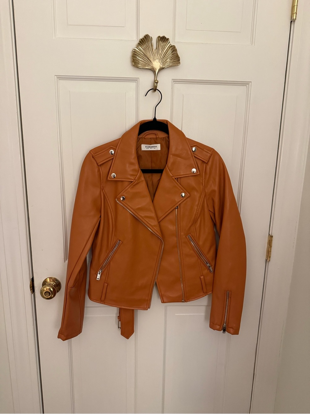 Glamorous Cognac Leather-Effect Moto Jacket